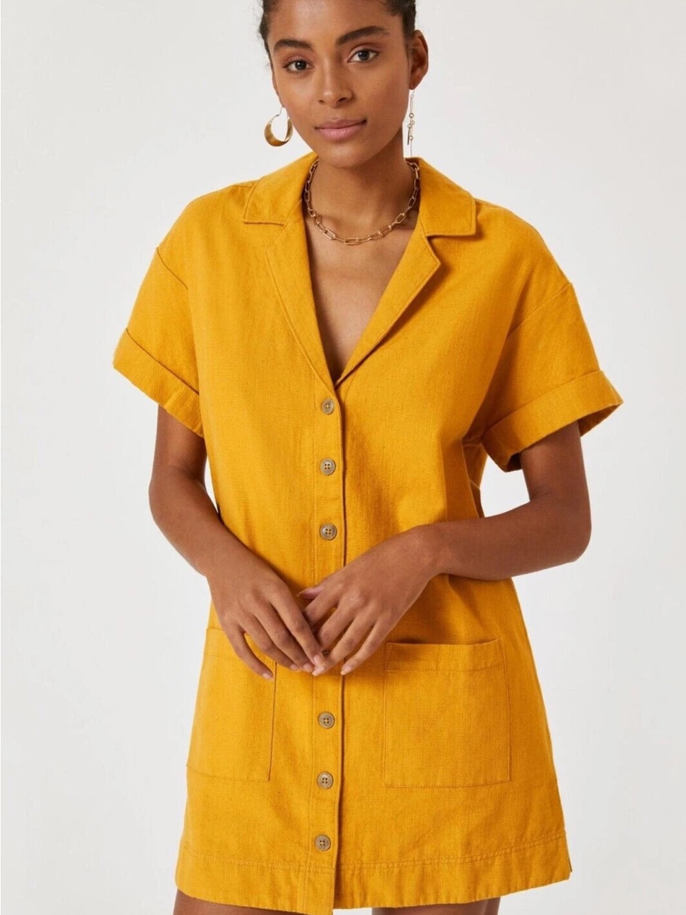 Pilcro Anthropologie Mustard Linen Blend Utility Shirt Dress Small